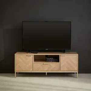 sweeek. 2-cupboard herringbone TV stand Budapest Natural 120x40x45 cm