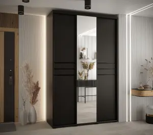 Cannes XI Mirrored Sliding Door Wardrobe W160cm - Sleek Black Storage for Versatile Spaces