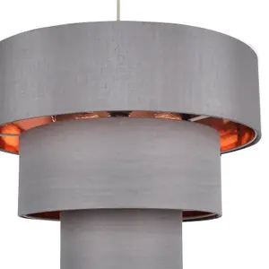 First Choice Lighting Easy Fit Staggered 3 Tier Grey Faux Silk Slub Fabric Shade with Copper Board Inner