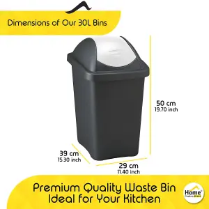 Home Centre Swing Lid Top Plastic Waste Bin 30 Litre White-Black