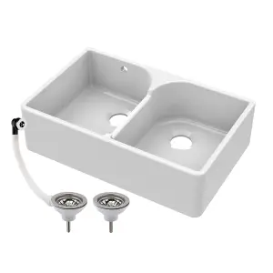 795mmDouble Bowl Fireclay Butler Kitchen Sink - Stepped Weir &  Wastes