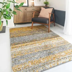 Super Soft Yellow Grey Mottled Striped Shaggy Area Rug 80x150cm