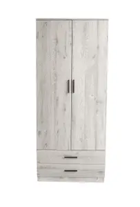 URBNLIVING 180cm Tall Wooden 2 Door Wardrobe With 2 Drawers Ash Grey Carcass and Grey Drawers Bedroom Storage Hanging Bar Clothes