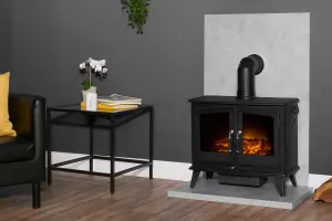 Acantha Tile & Hearth Set in Concrete Effect with Woodhouse Stove & Angled Pipe