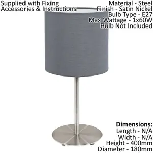 2 PACK Table Desk Lamp Colour Satin Nickel Steel Shade Grey Fabric E27 1x60W