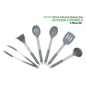 Premium 6Pc Silicone Kitchen Utensil Set For Cooking. Sleek Grey And Brushed Stainless Steel. Includes; Tongs, Serving Spoon, Slotted Spoon & Turner, Ladle, Potato Masher