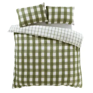 Catherine Lansfield Brushed Seersucker Gingham Reversible Double Duvet Cover Set with Pillowcases Olive Green