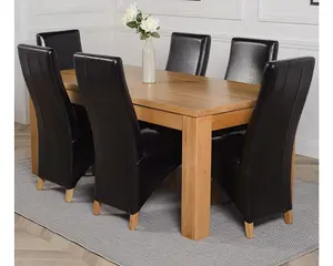 Dakota 182 x 92 cm Chunky Oak Large Dining Table and 6 Chairs Dining Set with Lola Black Leather Chairs