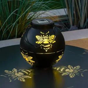 Festive Lights Solar Black Metal Bee Lantern, White, Warm White & Colour Changing LEDs