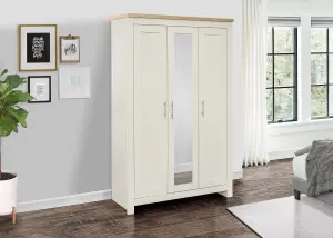 3 Door Mirror Wardrobe Cream Oak Birlea Highgate Farmhouse Shabby Chic