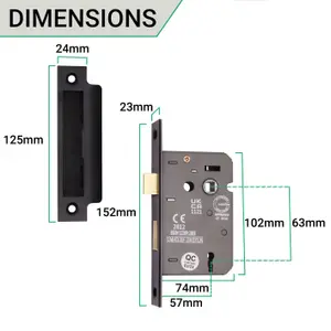 EAI Sashlock 80mm / 57mm Backset BLACK 3 lever for Internal Wooden Door 2 Keys CE UKCA & Fire Door Approved Anti Rattle Keep