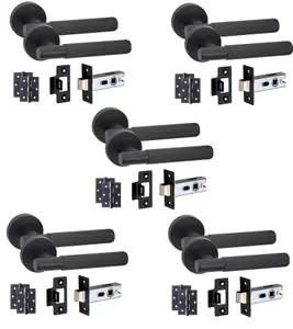 5 Set Linear T-Bar Door Handles with Latch and Hinges Matt Black Finish