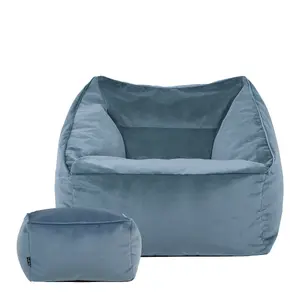 icon Natalia Velvet Armchair Bean Bag and Footstool Set Mineral Blue Giant Bean Bag Chair