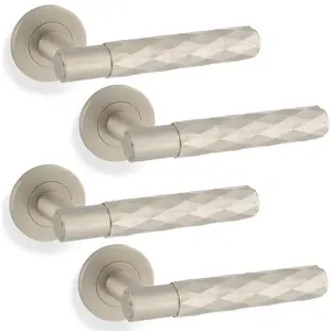 4 PACK - PAIR Diamond Lever on Round Rose Door Handle - Satin Nickel Concealed Screw