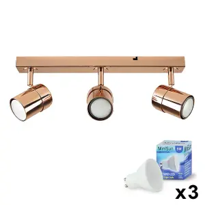 ValueLights Rosie Copper Ceiling Bar Spotlight and GU10 Spotlight LED 5W Cool White 6500K Bulbs