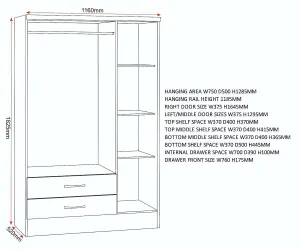 Nevada Grey Gloss 3 Door 2 Drawer Mirrored Wardrobe