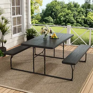 Black Foldable Picnic Table Bench Set with Parasol Hole Portable Camping Trestle Table Chairs 6 Seater