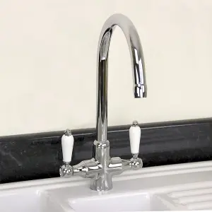 Astini Colonial Chrome & Double White Ceramic Handle Kitchen Sink Mixer Tap