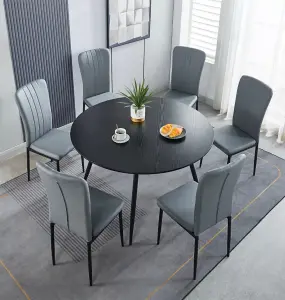 Hallowood Furniture Cullompton Large Black Round Dining Table 120cm with 6 Light Grey Faux Leather Chairs