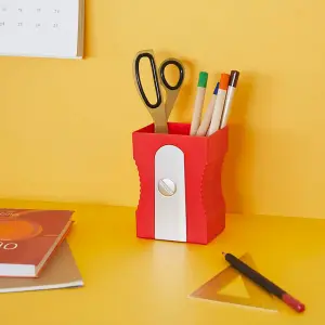 Red Pencil Sharpener Shaped Home Office, School Desk Organiser Plastic Pen Pot Holder