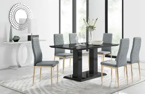 Imperia Black High Gloss 6 Seater Dining Table with Structural 2 Plinth Column Legs 6 Grey Faux Leather Gold Leg Milan Chairs