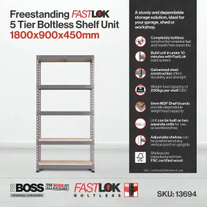 RB BOSS Garage Shelving Unit FastLok 5 Shelf MDF Galvanised Steel (H)1800mm (W)900mm (D)450mm, Pack of 2