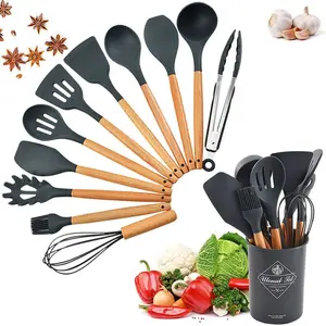 Cooking Utensils Set With Holder Silicone Kitchen Utensils Set,12 Pcs Wooden Handles, Kitchen Spatula Set Non-Stick