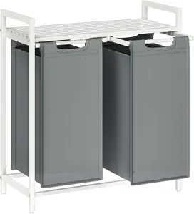 VASAGLE Laundry Hamper, 2-Compartment Clothes Bin, Removable Bags, Laundry Sorter, Metal Frame, White and Light Grey