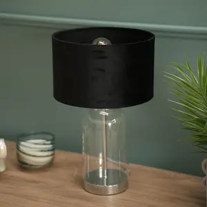 ValueLights Jessy Glass and Silver Chrome Metal Bedside Table Lamp with a Black Velvet Lampshade - Bulb Included