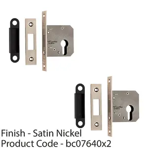 2 PACK - 76mm Residential EURO Profile Deadlock - Satin Nickel Fire Door Rated Lock