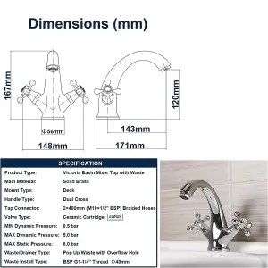 BATHWEST  Victorian Basin Mixer Taps Chrome Brass Cross Handle Bathroom Sink Taps Faucet