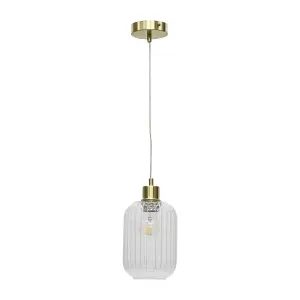 First Choice Lighting Set of 2 Batley Clear Ribbed Glass with Satin Brass Pendant Fittings