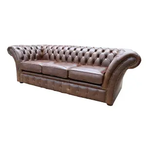 Chesterfield 3 Seater New England Texas Brown Leather Sofa Settee In Balmoral Style