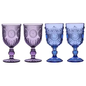 Set of 4 Vintage Luxury Purple & Blue Embossed Drinking Wine Glass Wine Goblets 290ml