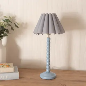 ValueLights Bobbins Powder Blue Table Lamp with Grey Scallop Tapered Lamp Shade and LED Bulb