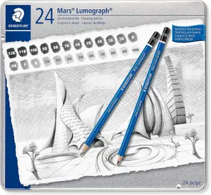 STAEDTLER 100 G24 Mars Lumograph Graphite Pencils for Drawing & Sketching - Assorted Degrees, 12B-10H (Tin of 24), Blue