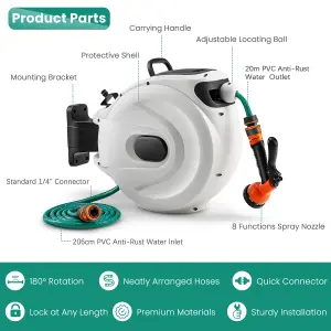 Costway Portable Hose Reel 20+2m Wall Mounted Hose Reel Retractable Auto Rewind Watering