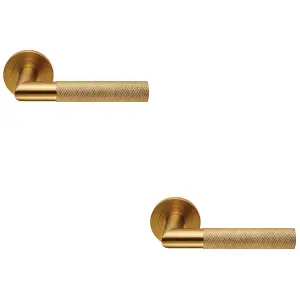 2 PACK - PAIR Knurled Round Bar Door Handle on Round Rose Concealed Fix Satin Brass