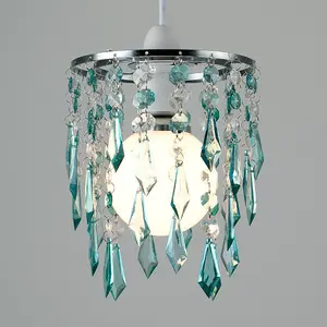 ValueLights Ceiling Pendant Light Shade With Teal And Clear Acrylic Jewel Effect Droplets