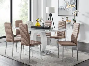 Giovani Rectangular 6 Seat White High Gloss Unique Halo Dining Table Grey Glass Top 6 Beige Faux Leather Silver Leg Milan Chairs