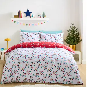 Catherine Lansfield Christmas Lights Soft Microfibre Reversible Double Duvet Cover Set with Pillowcases Red