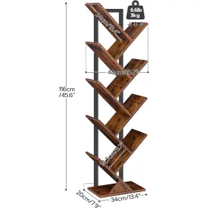 Tree Bookshelf Tall, 9-Tier Floor Standing Book Shelf, Tall Bookcase with Wooden Shelves for CDs Albums, Metal Frame,