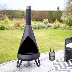 Black Rio Chimenea - Metal Outdoor Garden Patio Log Wood Burner Fire Pit Bowl with Stainless-Steel Flue Cap - Large, H150 x 58cm