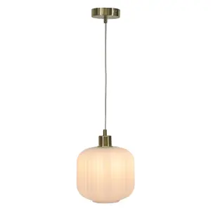 First Choice Lighting Bento White Ribbed Glass with Satin Brass Pendant Fitting