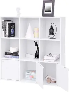 VASAGLE Bookshelf, 9-Cube Bookcase Display Shelf, Freestanding Cube Unit Storage Rack with 3 Bottom Cabinets, White