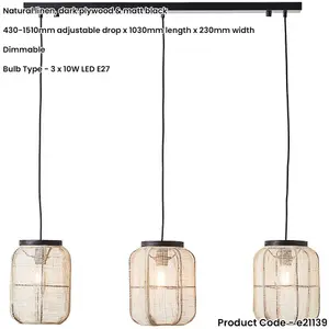 Hanging Ceiling Pendant Light - Natural Linen Dark Plywood & Matt Black - 3 X 10W LED E27