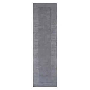 Handloom Plain Carved Border Wool Runner Rugs in Grey - 60x300cm