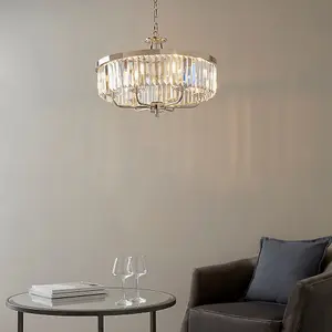 Bright Nickel Ceiling Chandelier Light - Clear Cut Glass 6 Bulb Pendant Fitting