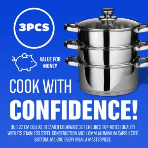 New 3pc Stainless Steel Steamer Cooker Set Pan Cooking Food Glass Lids Cookware