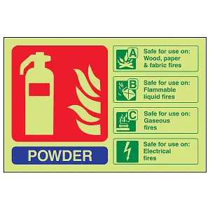 POWDER Fire Extinguisher Safety Sign - Glow in Dark - 150x100mm (x3)